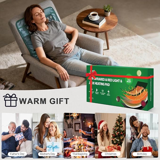 UTK Far Infrared Heating Pad for Back with Red Light Therapy, 8X Pain Relief for Body, Hot to 159℉, FSA-HSA Eligible, Auto Shut Off, 64 Jades & 24 Magnets Stone, Gift for Women Men, 26 x 20'' UTK