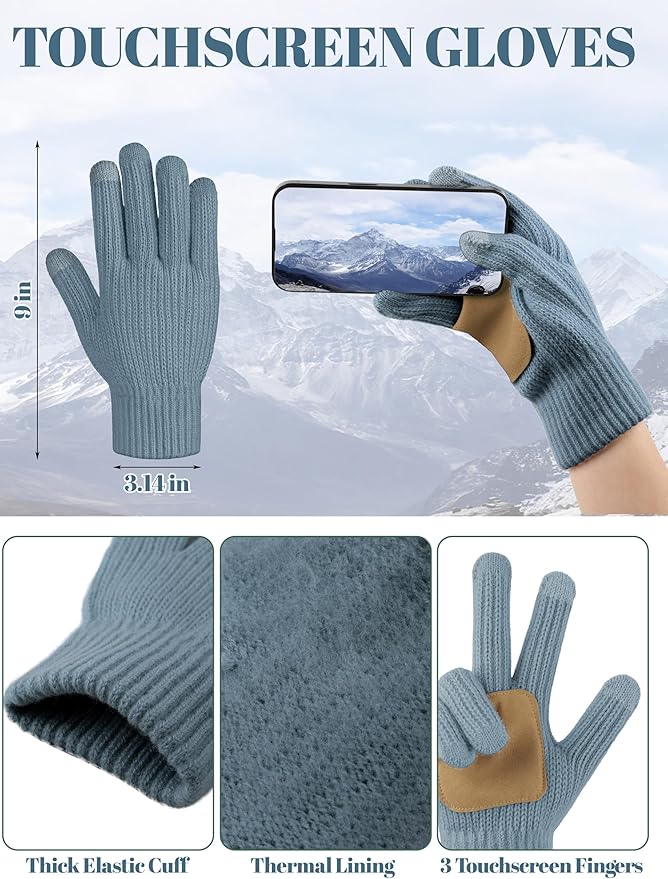 LOROME Women Winter Beanie Hat Scarf Gloves Set, Fleece Knitted Pompom Hat Warm Neck Scarf Touchscreen Gloves Winter Gift LOROME