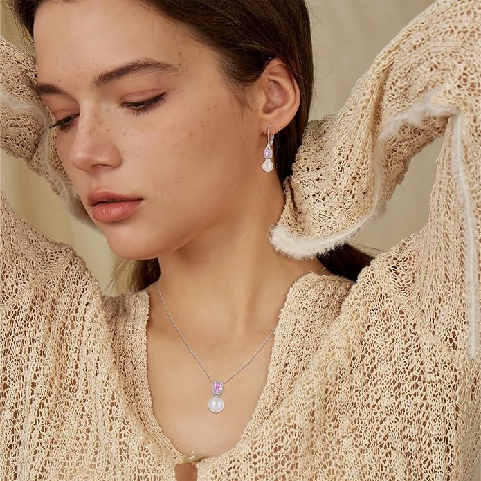 Pearl Drop Earrings Dangling 925 Sterling Silver Emerald Cut Leverback Earrings Birthstone Jewelry for Women INPASNE