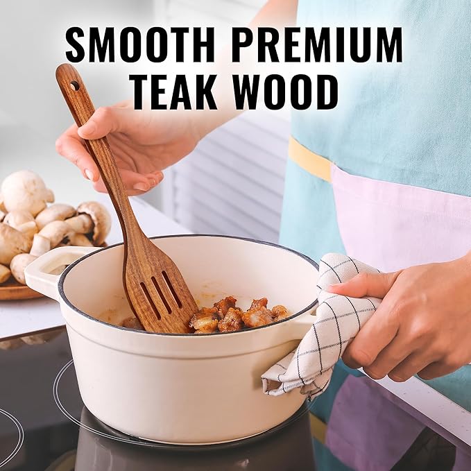 Zulay Kitchen Teak Wood Slotted Spatula – Durable & Heat-Resistant Cooking Utensil for Non-Stick Pans – Wooden Turner for Stirring, Flipping & Serving - Brown ZulayKitchen