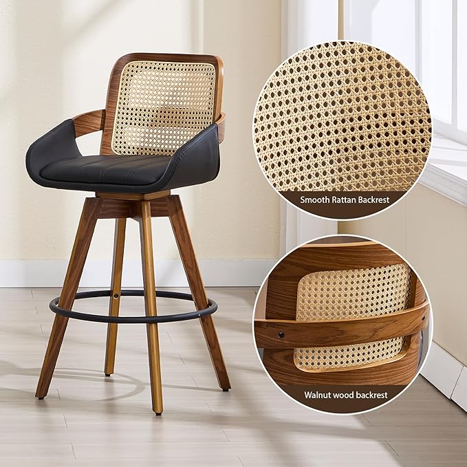 Bar Stools Set of 2, 26" Faux Leather Modern Swivel Barstools with Rattan Back, Counter Height Boho Bar Chairs for Kitchen Island or Home Bar - Black VipDesk