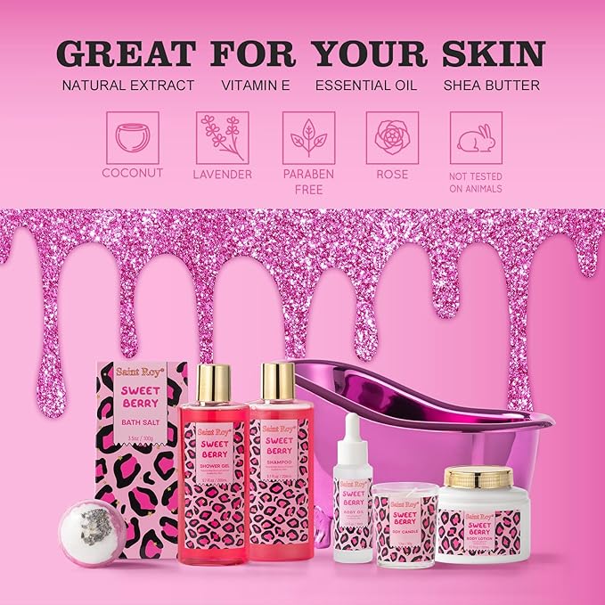 bath body Gifts for Her Home Bath Spa Gift Basket for Women Sweet Berry Bath Sets for Teens Gift Aromatherapy Home Spa Kit with Body Oil & More women's spa gift sets Best Gifts Mothers day SaintRoy