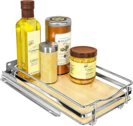 LYNK PROFESSIONAL® Élite™ Pull Out Spice Rack Organizer for Inside Kitchen Cabinets - 6-3/8 inch Wide - Slide Out Drawer – Wood/Chrome Sliding Spice Cabinet Organization Shelf Racks - 1 Tier LYNKPROFESSIONAL