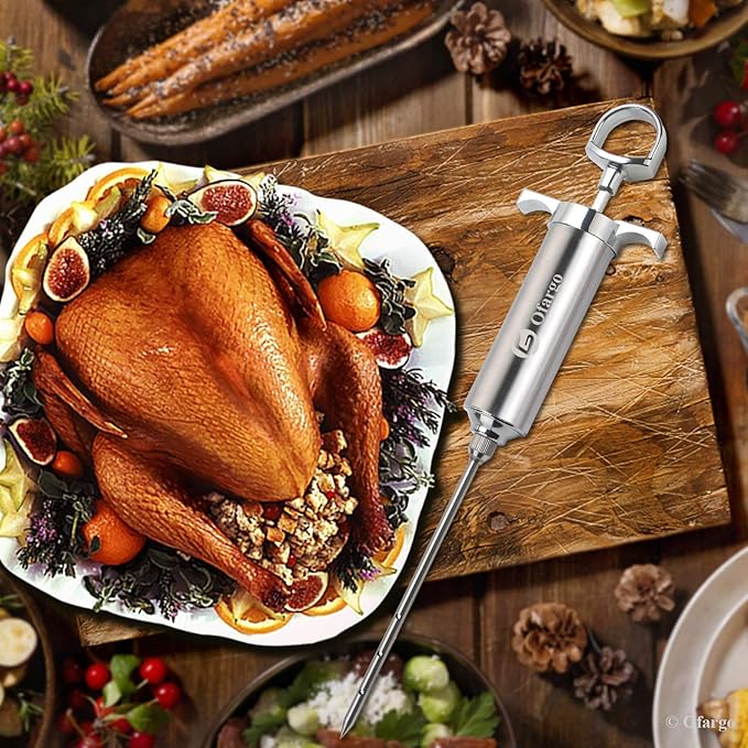 Ofargo Stainless Steel Meat Injector Syringe Kit with 4 Marinade Needles for BBQ Grill Smoker, Gifts for Men Dad Husband in Thanksgiving Christmas Day, 2-oz Large Capacity, Both Paper User Manual and E-Book Recipe GreatgiftsidealforThanksgivingandX-mas