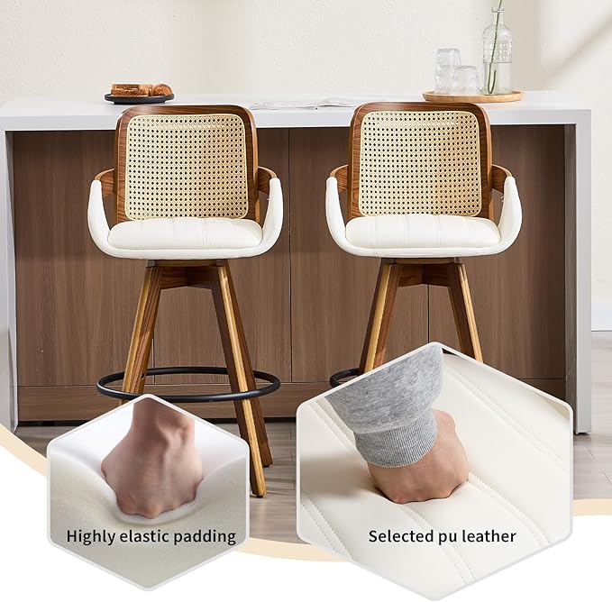 Swivel Bar Stools Set of 2, Faux Leather Counter Height Bar Stools with Arms and Rattan Back, 26" Seat Height Upholstered Bar Chairs with Bentwood Frame for Kitchen Island Bar - Beige VipDesk