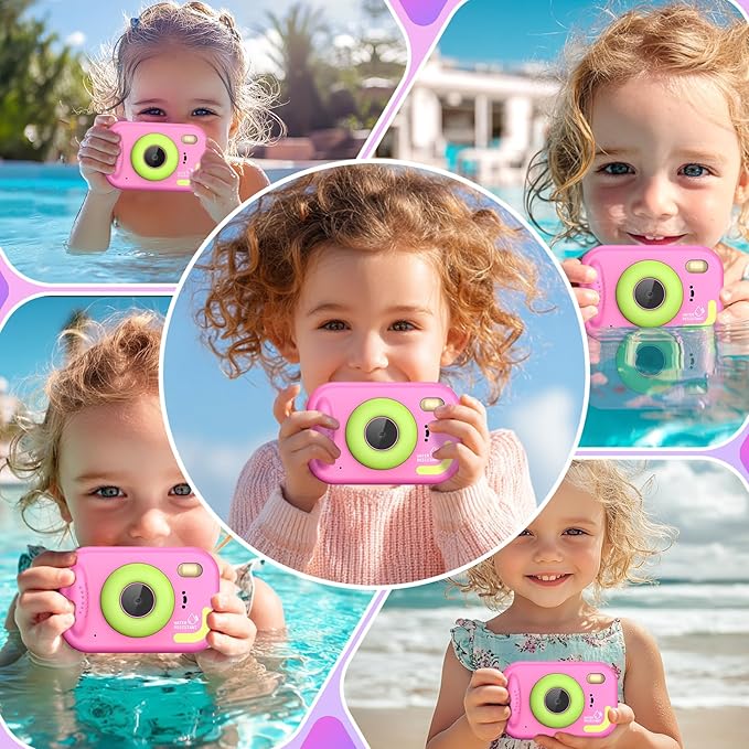 Kids Waterproof Camera, 1080P HD Underwater Digital Camera for Kids Aged 3-12, IP68 Swimming & Snorkeling Toy, ABS Plastic, 32GB Card, Birthday Gift for Children Boys Girls, Pink Kick Boosters