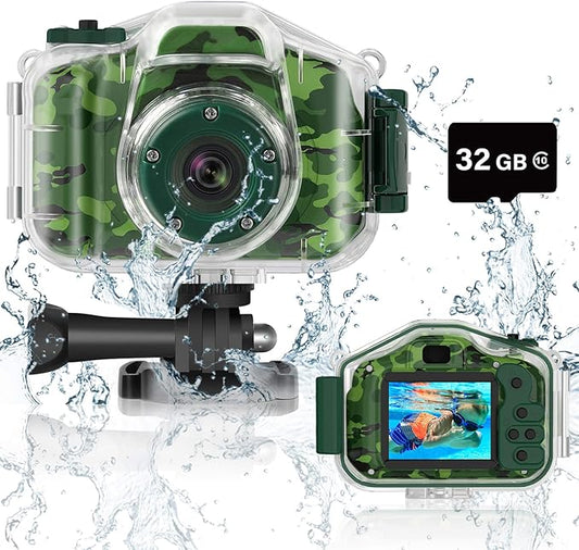 DEKER Waterproof Camera for Kids, Christmas Birthday Gifts for Boys Girls 3-12 Year Old, Mini HD Toddler Digital Video Children Travel Camcorder, 2 Inch IPS Screen with 32GB Card (Green) DEKER