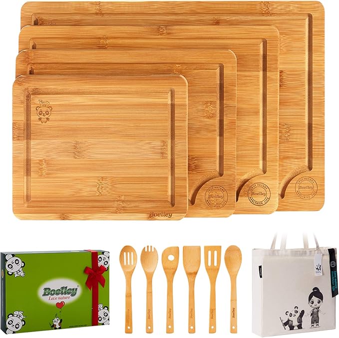 Durable Wooden Cutting Boards for Kitchen-Bamboo Cutting Board Set with Juice Groove-Charcuteries & Chopping Butcher Block for Meat,Vegetables,Fruits Serving ideas Home Cooks Kitchen Gift 11-Piece Boelley