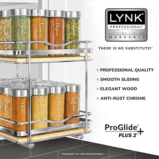 LYNK PROFESSIONAL® Élite™ Pull Out Spice Rack Organizer for Inside Kitchen Cabinets - 8-3/8 inch Wide - Slide Out Drawer – Wood/Chrome Sliding Spice Cabinet Organization Shelf Racks - 2 Tier LYNKPROFESSIONAL