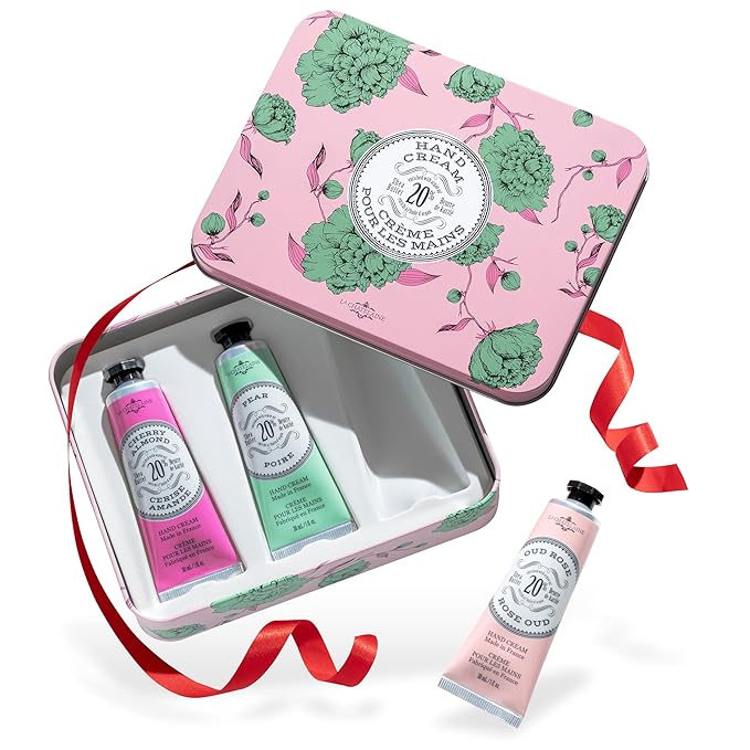 La Chatelaine Rose Hand Cream Trio Tin Gift Set, Ready-To-Gift Tin, Nautral, Made in France with 20% Organic Shea Butter, Nourishing and Moisturizing (Cherry Almond, Pear, Oud Rose) LaChatelaine