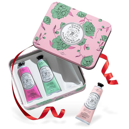 La Chatelaine Rose Hand Cream Trio Tin Gift Set, Ready-To-Gift Tin, Nautral, Made in France with 20% Organic Shea Butter, Nourishing and Moisturizing (Cherry Almond, Pear, Oud Rose) LaChatelaine