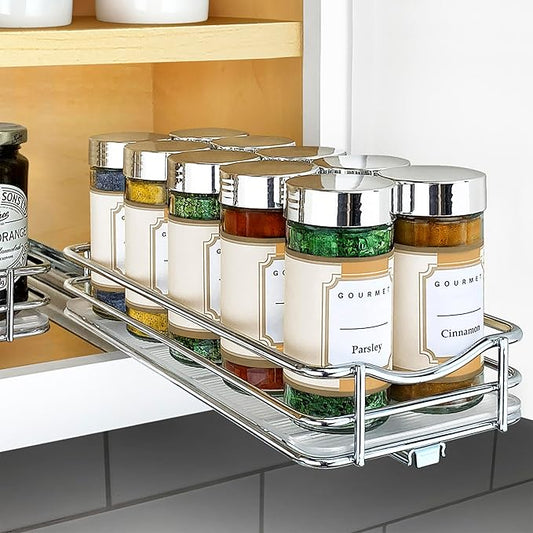 LYNK PROFESSIONAL® Pull Out Spice Rack Organizer for Inside Kitchen Cabinets - 4-3/8 inch Wide - Slide Out Drawer – Chrome Sliding Spice Cabinet Organization Shelf Racks - 1 Tier LYNKPROFESSIONAL