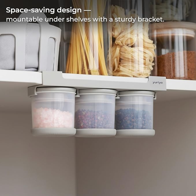 Under-Shelf Spice Rack with 3 Airtight Jars, Measuring Lids, Space-Saving Hanging Organizer for Salt, Sugar & Spices yuriya