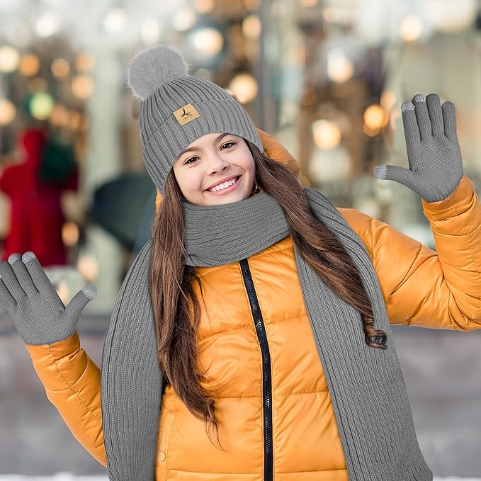 LOROME Women Winter Beanie Hat Scarf Gloves Set, Fleece Knitted Pompom Hat Warm Neck Scarf Touchscreen Gloves Winter Gift LOROME