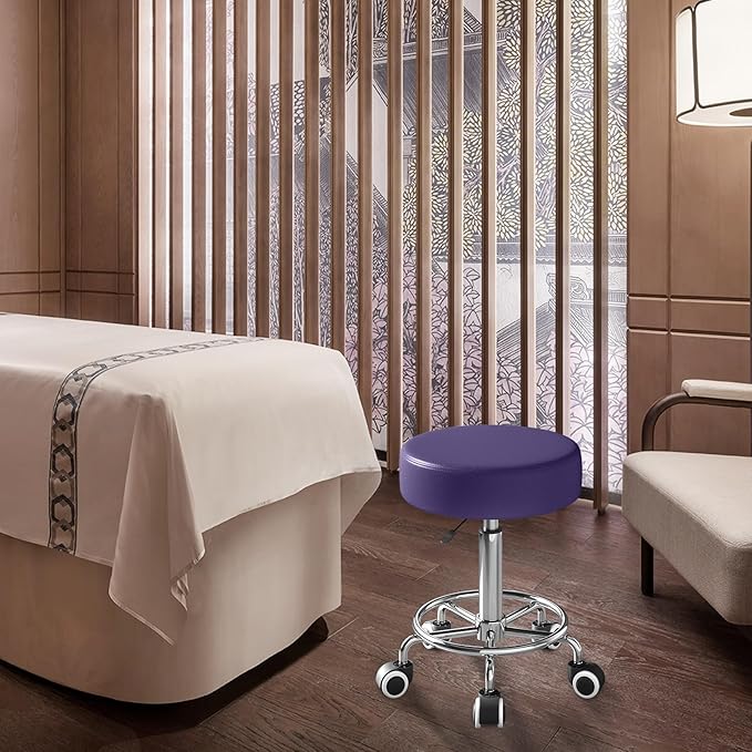 Rolling Stool, Heavy Weight Capacity 250lb, PU Leather Rolling stools, Ultra Soft Padded Seat, Rolling Stools with Wheels and Footrest, 360° Swivel, Spa Drawing Salon Work Office Tattoo Stool (Purple) YEEZEE