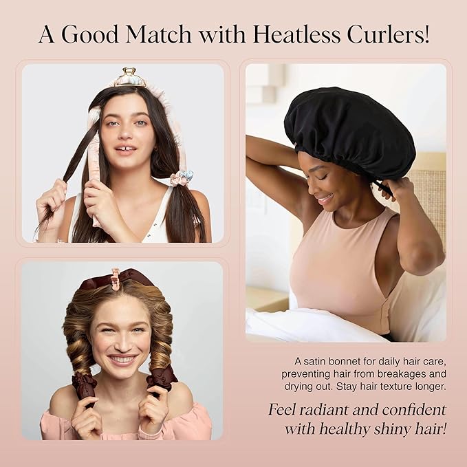 Kitsch XL Satin Bonnet for Sleeping - Softer Than Silk Hair Bonnet For Women - Secure Fit, Adjustable Night Cap For Curly & Textured Hair - Prevents Breakage, Tangles & Thinning - Black Kitsch