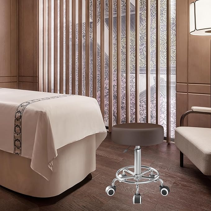 Rolling Stool, Heavy Weight Capacity 250lb, PU Leather Rolling stools, Ultra Soft Padded Seat, Rolling Stools with Wheels and Footrest, 360° Swivel, Spa Drawing Salon Work Office Tattoo Stool (Brown) YEEZEE