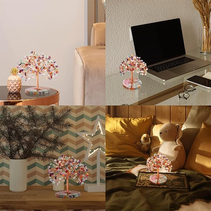 ZenBless 7 Chakra Healing Crystals Stones Tree, Colorful Crystal Stone Leaf Wire Wrapped on Natural Agate Slice Base, Home Office Desk Living Room Feng Shui Decoration for Wealth and Luck ZenBless