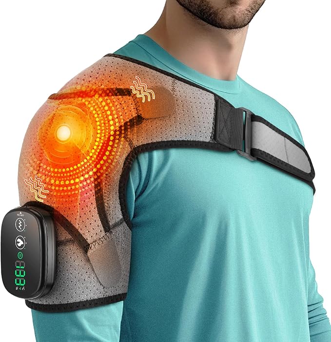 Cordless Shoulder Heating Pad, Shoulder Massager for Pain Relief Deep Tissue, Heated Shoulder Wrap with Heat and Massage for Men Women, Rotator Cuff Pain Shoulder Brace, Grey WOLOYHEATIE
