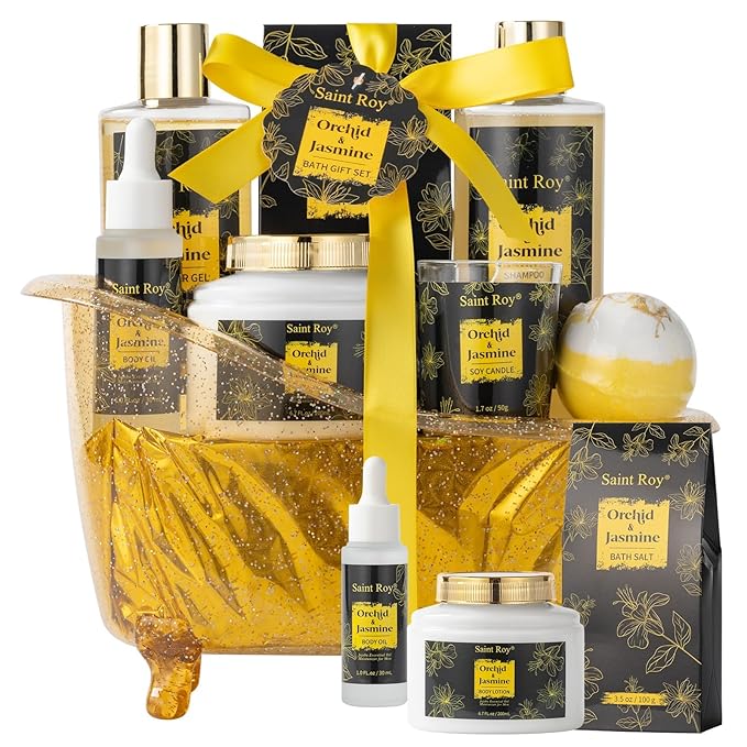 Luxury Home Spa Bath Gift Basket, Spa gift basket Christmas Gifts for Women men, Spa Kit Self-care Gifts, Spa Collection Gift, Orchid Jasmine Bath and Body Gift Pampering Spa Gifts Mother's Day Gift SaintRoy