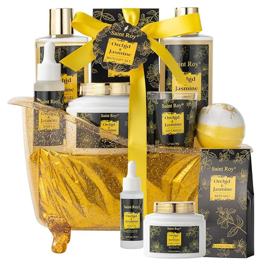 Luxury Home Spa Bath Gift Basket, Spa gift basket Christmas Gifts for Women men, Spa Kit Self-care Gifts, Spa Collection Gift, Orchid Jasmine Bath and Body Gift Pampering Spa Gifts Mother's Day Gift SaintRoy
