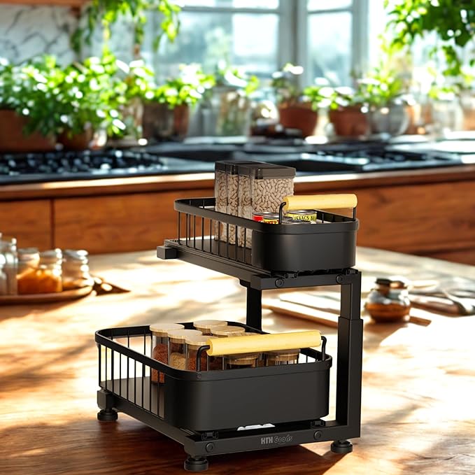 Premium Heavy Duty Carbon Steel Under Sink Organizer, 2 Tier Pull Out Cabinet Organizer, 7 Adjustable Heights with Smooth Ball Bearing Sliding Baskets for Bathroom & Kitchen HTHGoods