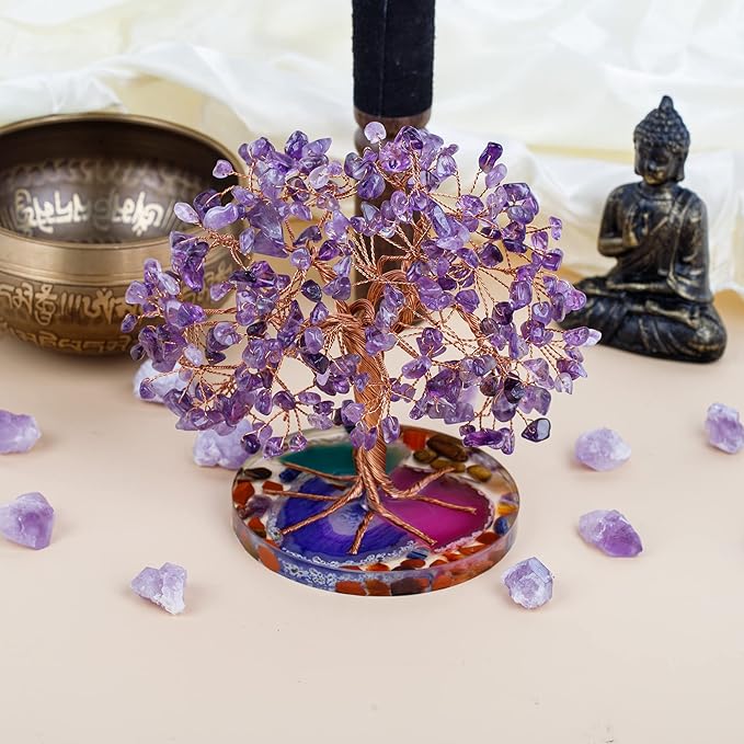 ZenBless 7 Chakra Healing Crystal Stones Tree, Amethyst Leaf Wire Wrapped on Natural Agate Slice Base, Home Office Desk Living Room Feng Shui Decoration for Wealth and Luck ZenBless