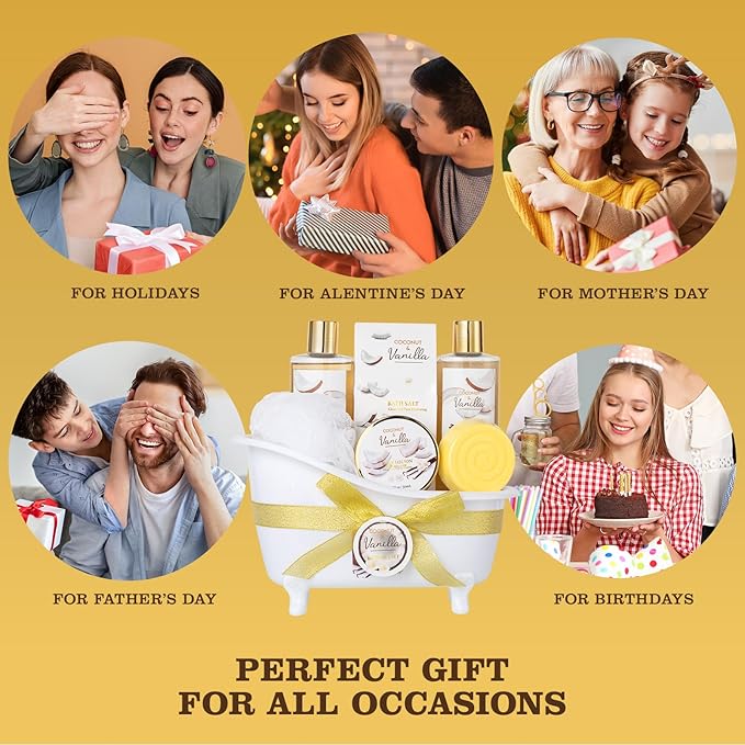 Christmas Gifts for Women and Men - 8-Piece Luxury Coconut Vanilla Bath & Body Gift Set for Women Self Care Kit Spa Gift Baskets | Perfect Gifts for Mom, Birthday Gifts, All Occasion Holiday Present SaintRoy