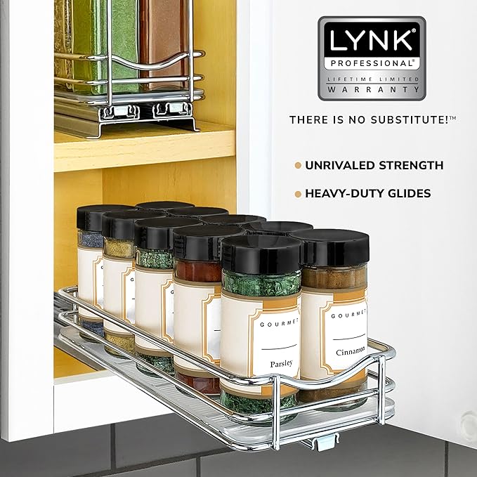 LYNK PROFESSIONAL® Pull Out Spice Rack Organizer for Inside Kitchen Cabinets - 4-3/8 inch Wide - Slide Out Drawer – Chrome Sliding Spice Cabinet Organization Shelf Racks - 1 Tier LYNKPROFESSIONAL