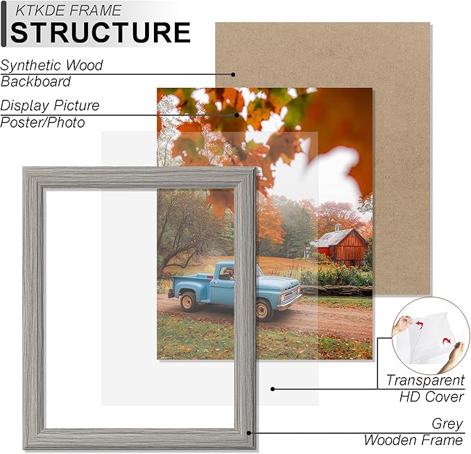 KTKDE 8x8 Picture Frame Set of 5, Grey Wooded, Wall Hanging for Tapletop Display, Best Square Photo Frame Studio Gallery for Photos, Posters & Art Prints KTKDE