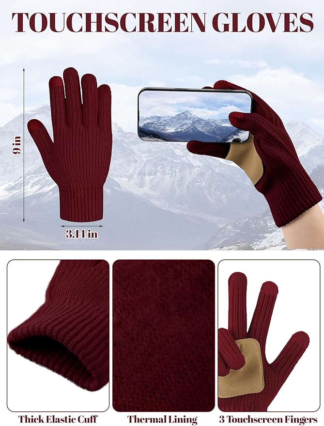 LOROME Women Winter Beanie Hat Scarf Gloves Set, Fleece Knitted Pompom Hat Warm Neck Scarf Touchscreen Gloves Winter Gift LOROME