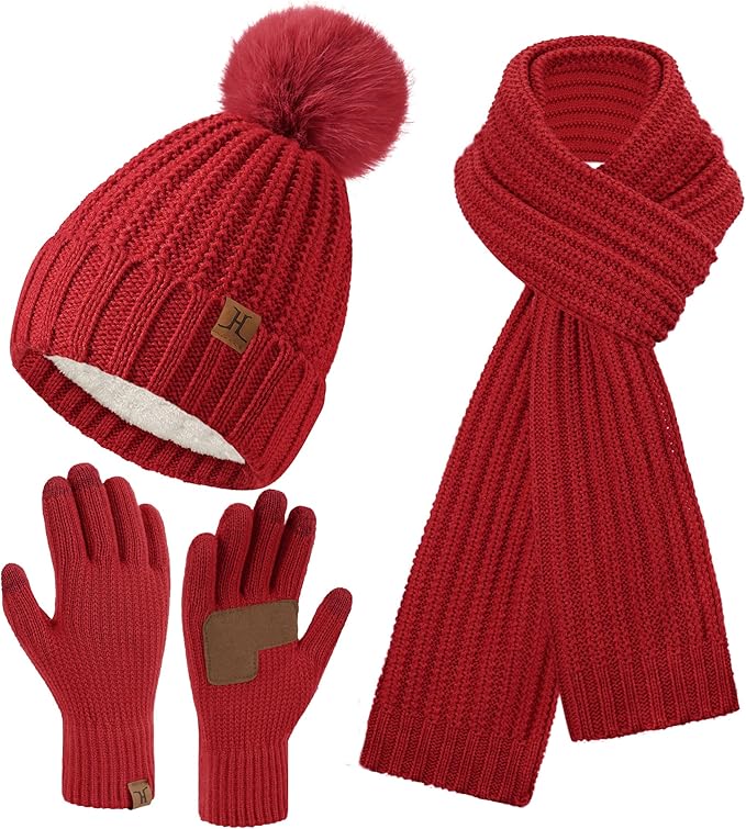 Womens Winter Warm Beanie Hat Long Neck Scarf Touchscreen Gloves Set Knit Skull Caps Pompom Fleece Gifts FZFANTASTICZONE