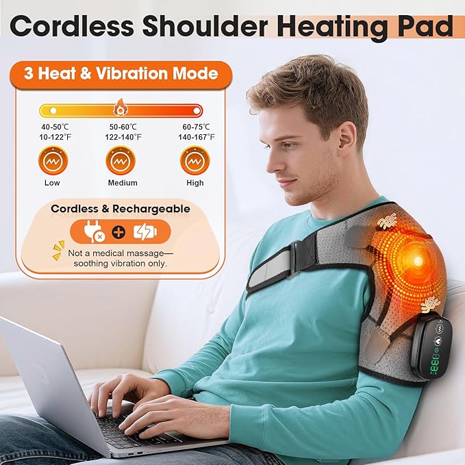 Cordless Shoulder Heating Pad, Shoulder Massager for Pain Relief Deep Tissue, Heated Shoulder Wrap with Heat and Massage for Men Women, Rotator Cuff Pain Shoulder Brace, Grey WOLOYHEATIE