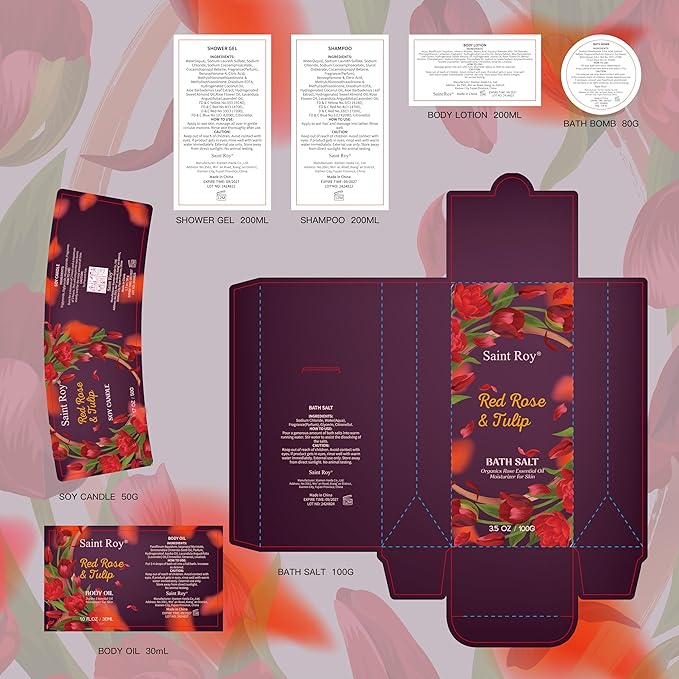Christmas Gifts for Women, spa kit Gifts for Her Mother's Day Bath Spa Gift Set Red Rose & Tulip Spa Basket Kits for Women, Contains Body Oil, Body Lotion, Salt, self care baskets Mother's Day Gift SaintRoy