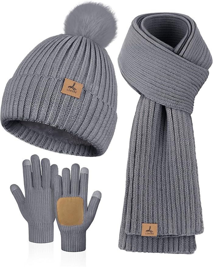 LOROME Women Winter Beanie Hat Scarf Gloves Set, Fleece Knitted Pompom Hat Warm Neck Scarf Touchscreen Gloves Winter Gift LOROME