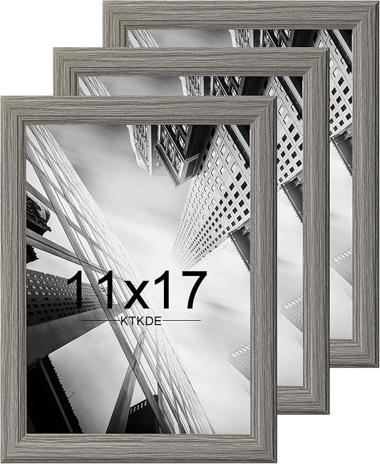 KTKDE 11x17 Picture Frame Set of 3,Grey Wooded Shatter Resistant Glass, Vertical & Horizontal Wall Hanging for Wall Display,Studio Gallery Photo Frame for Photos, Posters & Art Prints KTKDE