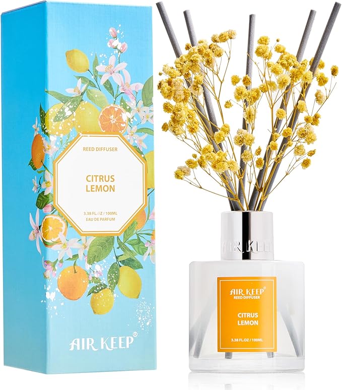 Airkeep Reed Diffuser Set,3.38 fl oz (100 ml) - Citrus Lemon Oil Diffusers with 8 Reed Sticks, Home Fragrance Reed Diffuser for Bathroom Shelf Decor Airkeep