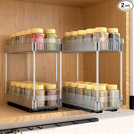 2 Pack Pull Out Spice Rack Organizer for Cabinet, 2 Tier Slide Out Spice Racks Organizer, Spice Cabinet Organizers, Cabinet Size Need:12'' High x 11'' Deep x 5'' Wide, Clear Acrylic DABIGE