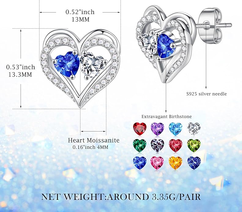 MOOSEA Christmas Gifts for Women - 925 Sterling Silver Heart Earring Anniversary Birthday Gifts for Women Wife Girlfriend Mom Birthstone Moissanite Jewelry Gift MOOSEA