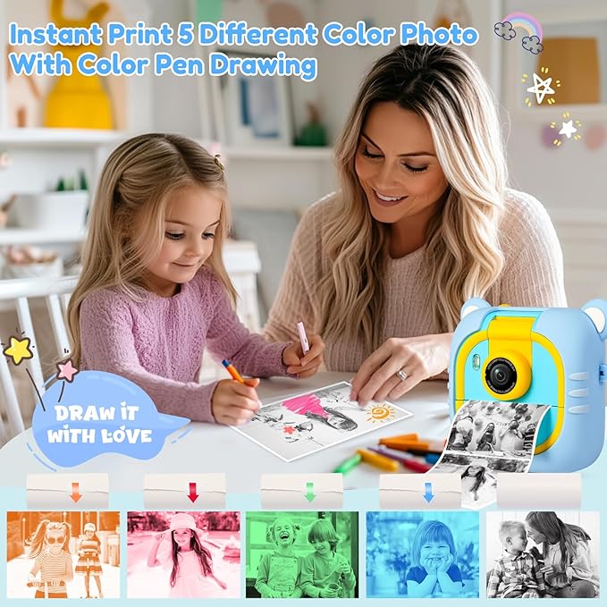Kids Camera Instant Print, 7 Print Paper (4 Color: O/R/G/B+3 B&W), 2.4" Screen Instant Camera for Kids Ages 3-12,1080P, 180°Flip Lens,32GB Card- Christmas Birthday Present for Boys & Girls,M2 ARNSSIEN