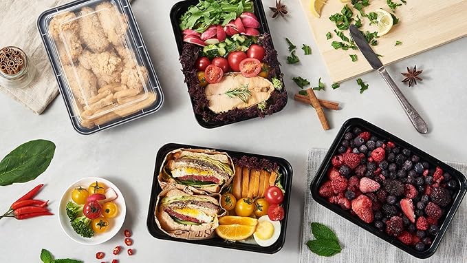 FULING 50 Pack Meal Prep Plastic Food Storage Containers With Lids 28 oz 1 Compartment Black Rectangular Reusable To Go Lunch Prepping Boxes BPA-Free Microwavable Freezer Dishwasher Safe Stackable FULING