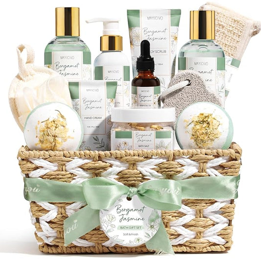 Christmas Birthday Gifts for Women, Bergamot Jasmine Relaxing Spa Gift Baskets for Women Self Care Package Bath Gift Set, Home Bath and Body Kit Pampering Gifts for Womens Mom Her Friends Sister Wife MAYICIVO