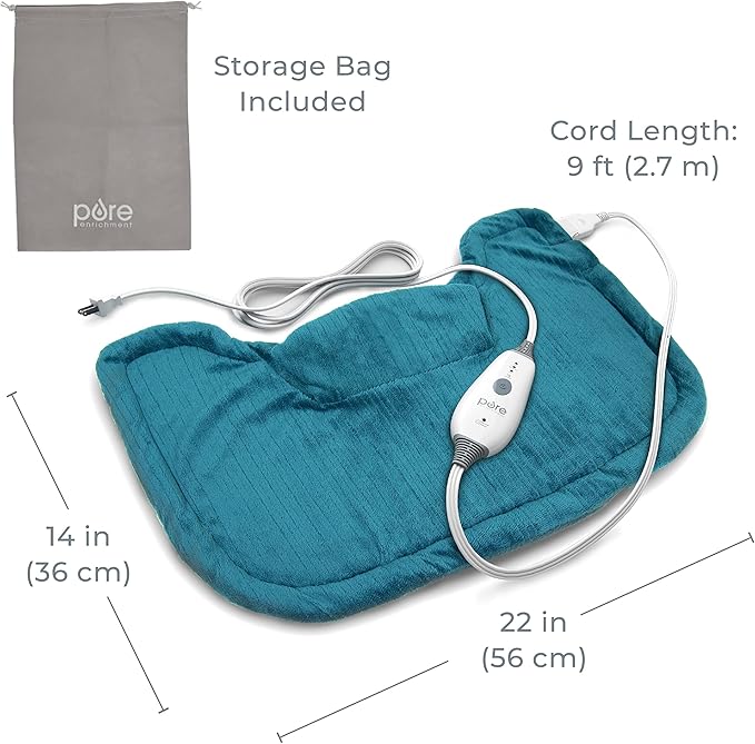 Pure Enrichment PureRelief Neck & Shoulder Heating Pad - 4 Heat Settings, Auto Shut-Off, Universal Fit, Magnet Closure, Soft Micromink, Storage Bag, 5-Year Warranty, Machine Wash (Turquoise Blue) PureEnrichment
