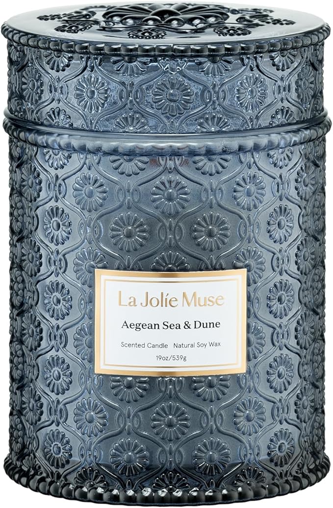 LA JOLIE MUSE Aegean Sea & Dune Candle –Cool Water, White Florals & Warm Amber | 19 oz Large Wooden Wick Candle | Natural Soy Wax | 90 Hours Clean Burn | Gift-Ready for Hosts & Gatherings LaJol%C3%ADeMuse