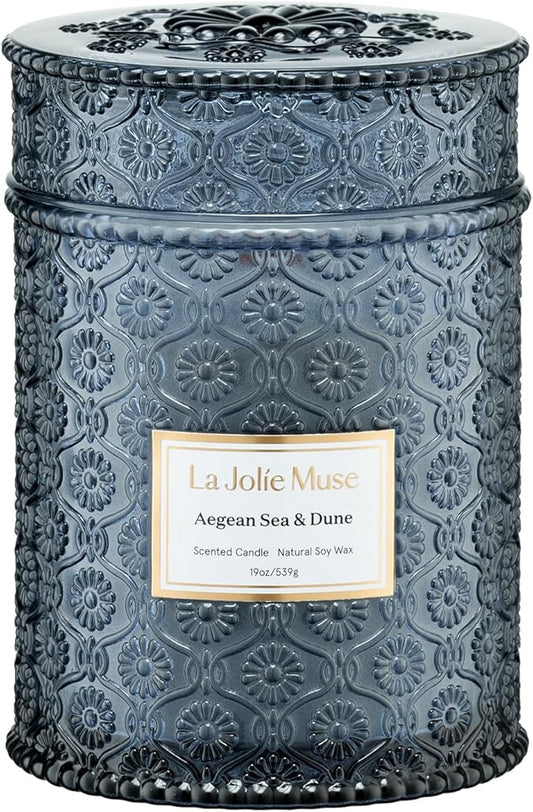 LA JOLIE MUSE Aegean Sea & Dune Candle –Cool Water, White Florals & Warm Amber | 19 oz Large Wooden Wick Candle | Natural Soy Wax | 90 Hours Clean Burn | Gift-Ready for Hosts & Gatherings LaJol%C3%ADeMuse