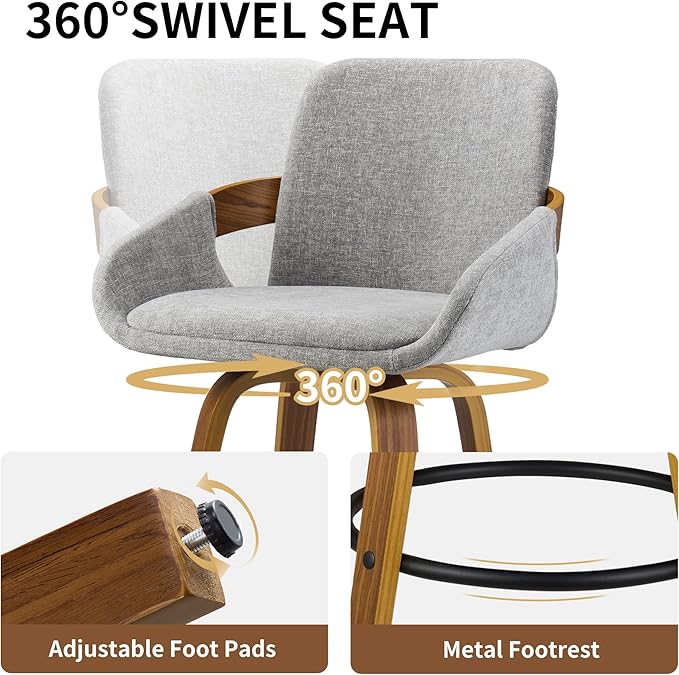 Swivel Bar Stool, Fabric Counter High Stools with Back and Armrest 360° Swivel Walnut Bar Chair for Kitchen Island Home Dining - Light Grey VipDesk