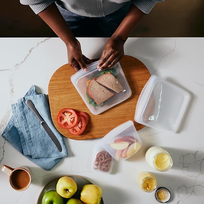 Stasher Premium Silicone Reusable Food Storage Bags and Stretch Lids 10-Pack, Clear, Airtight Seal, Food Containers & Covers, Boxed Starter Kit, BPA Free, Leak-free, Dishwasher Safe, Eco-Friendly Stasher
