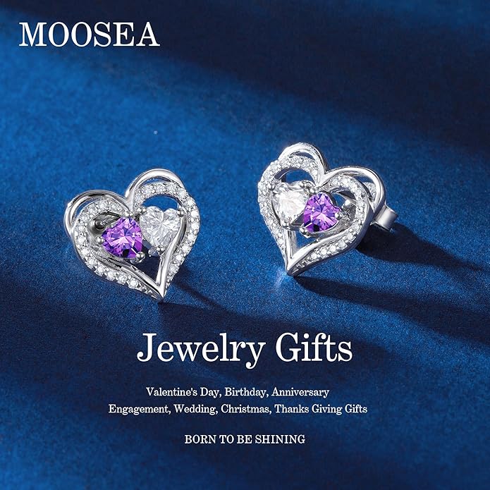 MOOSEA Christmas Gifts for Women - 925 Sterling Silver Heart Earring Anniversary Birthday Gifts for Women Wife Girlfriend Mom Birthstone Moissanite Jewelry Gift MOOSEA