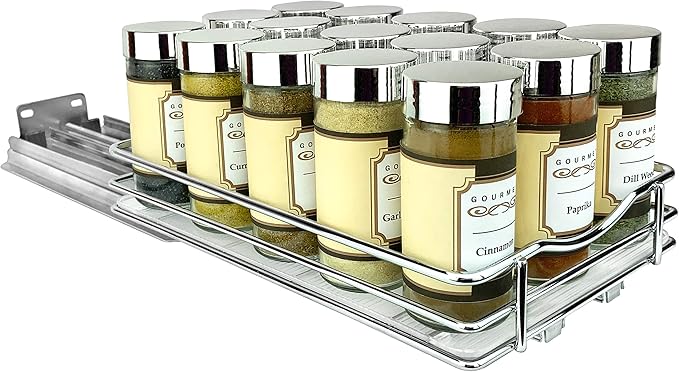 LYNK PROFESSIONAL® Pull Out Spice Rack Organizer for Inside Kitchen Cabinets - 6-3/8 inch Wide - Slide Out Drawer – Chrome Sliding Spice Cabinet Organization Shelf Racks - 1 Tier LYNKPROFESSIONAL