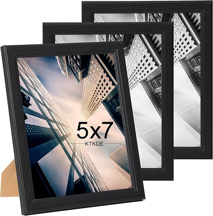 KTKDE 5x7 Picture Frame Set of 3,Black Wooded Shatter Resistant Glass, Vertical & Horizontal Wall Hanging for Wall or Tapletop Display,Studio Gallery Photo Frame for Photos, Posters & Art Prints KTKDE